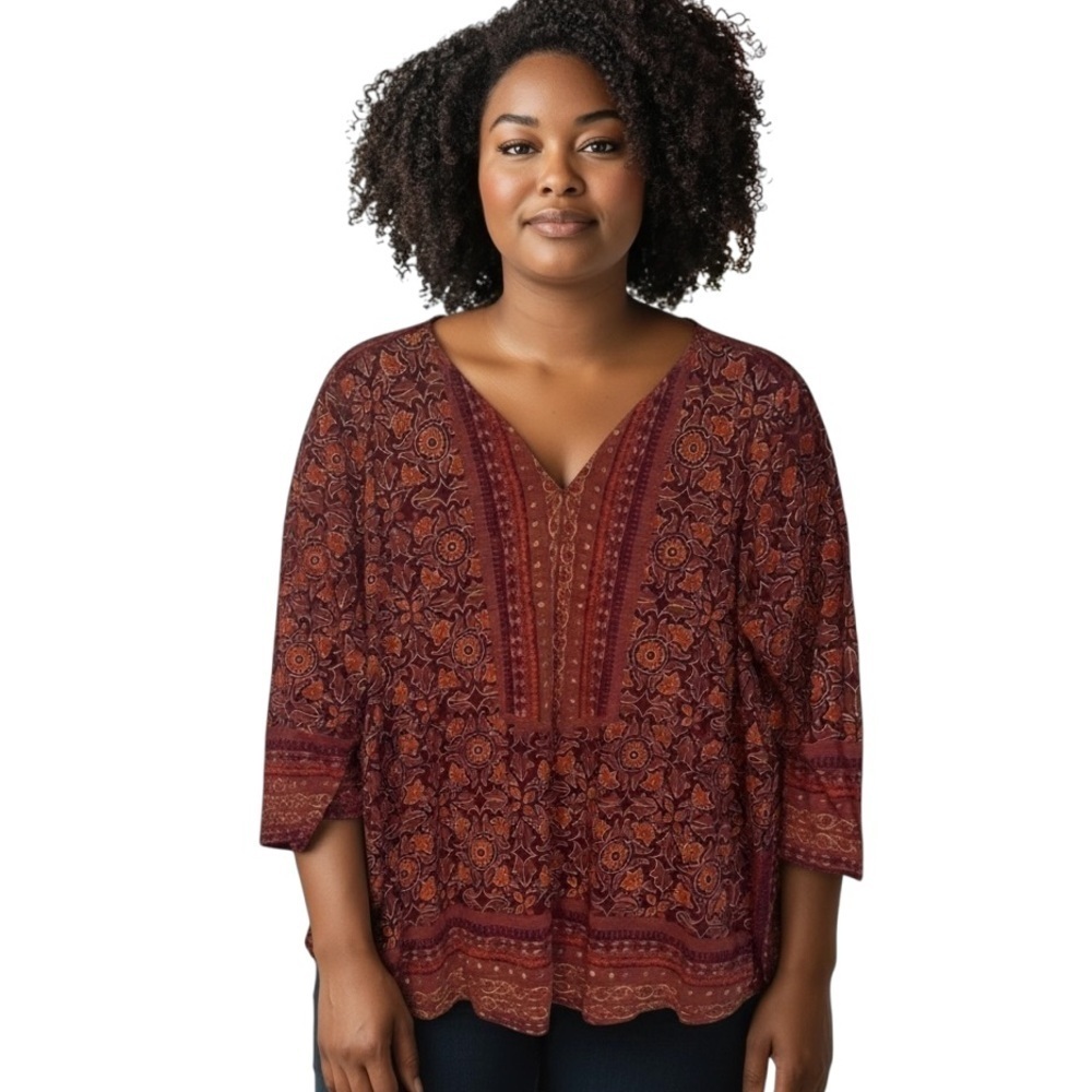 LUCKY BRAND Maroon & Red Floral Batik Lightweight 3/4 Sleeve Top